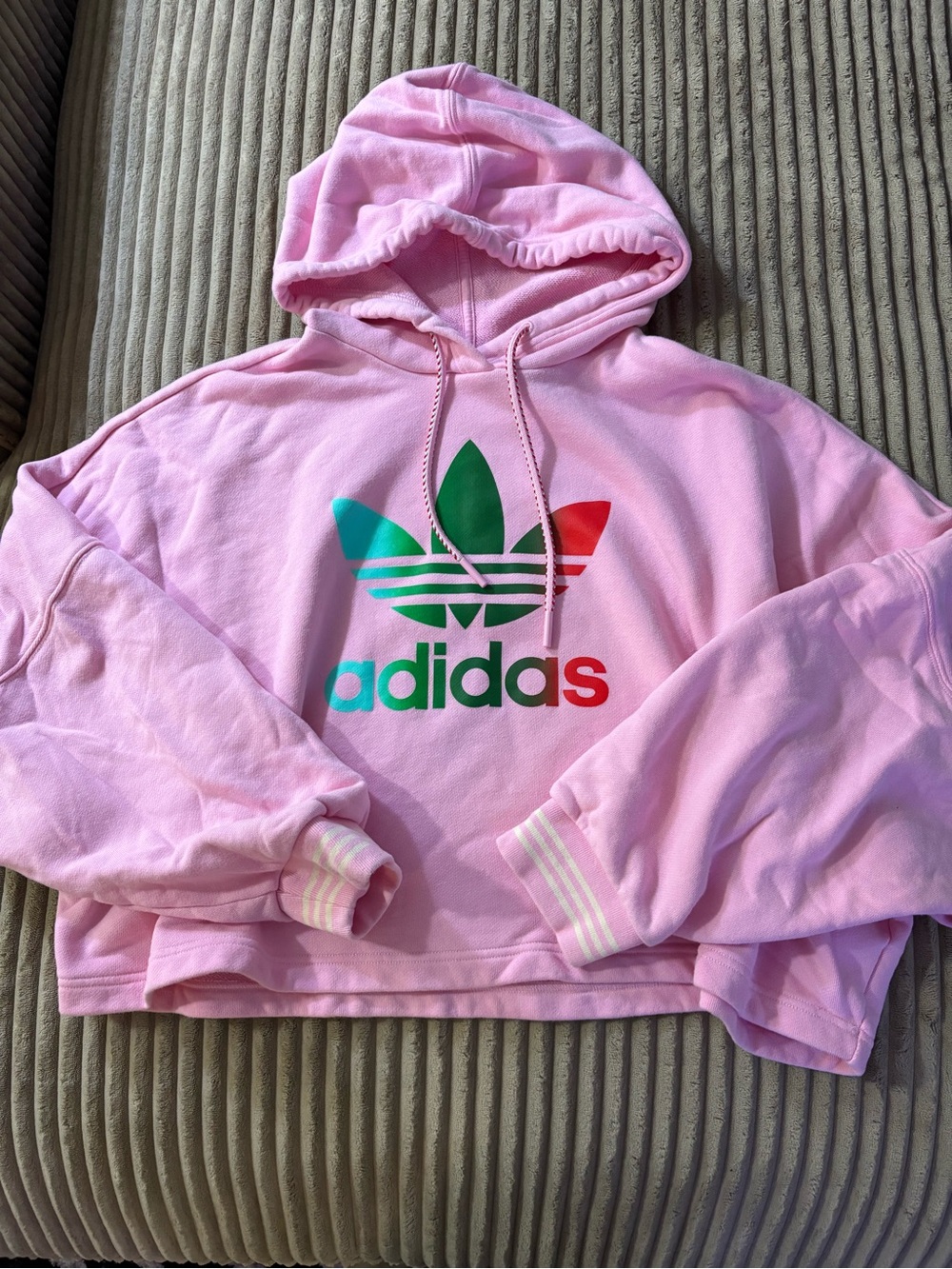 adidas Originals Loose Fit Pink Cropped Hoodie with Multicolor Trefoil
